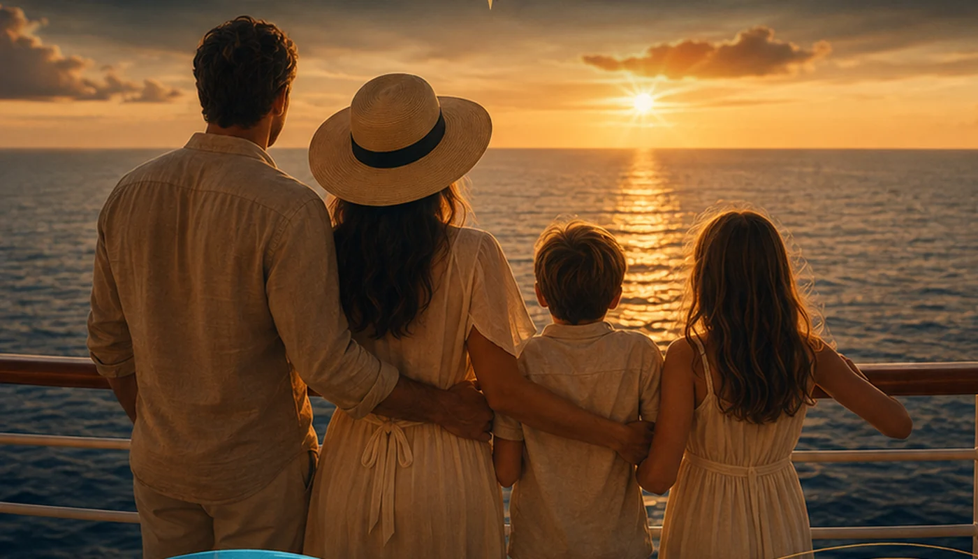 Family enjoying a sunset at sea